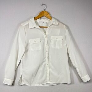 Business Casual Notations Womens PM White Crinkle Button Up Roll Tab Blouse PM